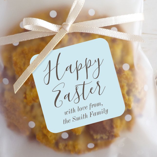 Happy Easter Elegant Script Gift Favor Blue Square Sticker (Creator Uploaded)