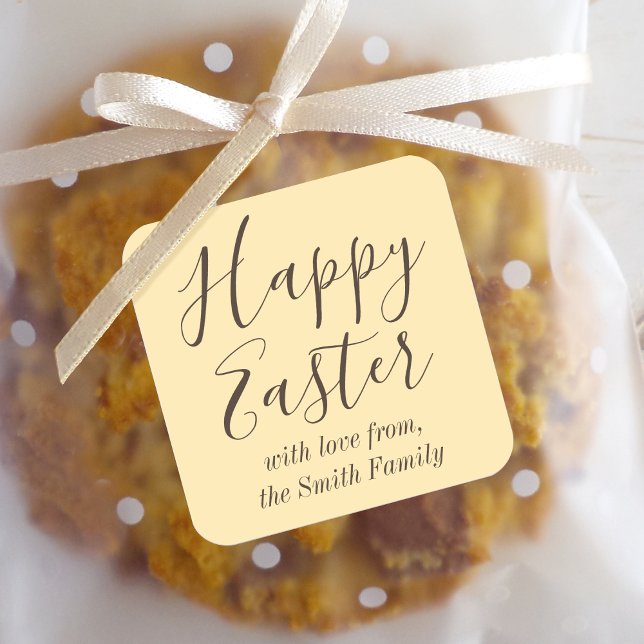 Happy Easter Elegant Script Gift Favor Yellow Square Sticker (Creator Uploaded)