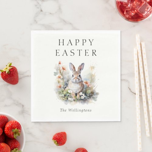 Happy Easter Elegant Watercolor Bunny Custom Name Napkins