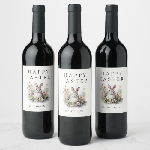 Happy Easter Elegant Watercolor Bunny Custom Name Wine Label