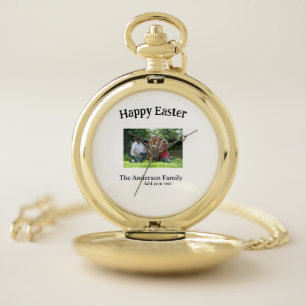 Happy Easter family photo name text reunion simple Pocket Watch