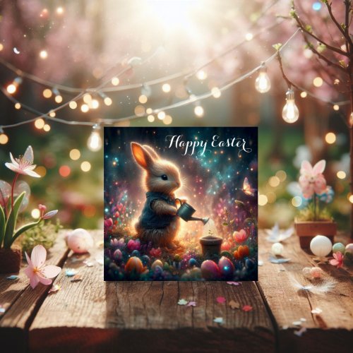 Happy Easter Fantasy Art Bunny Flower Garden  Holiday Card