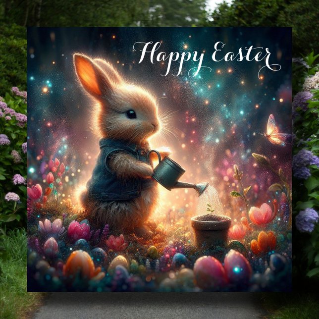  Happy Easter Fantasy Art Bunny Flower Garden  Holiday Card (Creator Uploaded)