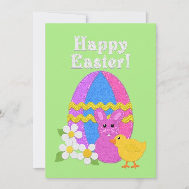 Happy Easter Felt Look Easter Egg Bunny Chick Holiday Card (Front)
