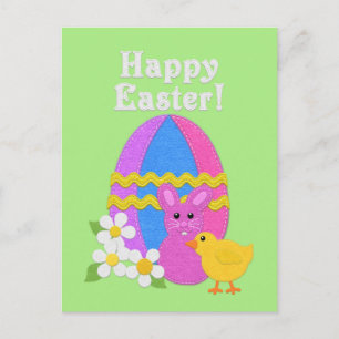 Happy Easter Felt Look Easter Egg Bunny Chick Holiday Postcard