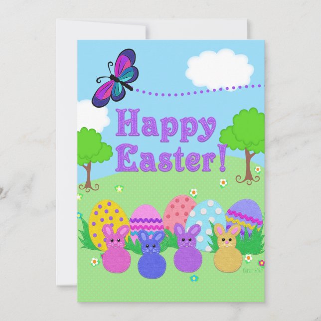 Happy Easter! Felt Look Eggs and Bunnies Holiday Card (Front)