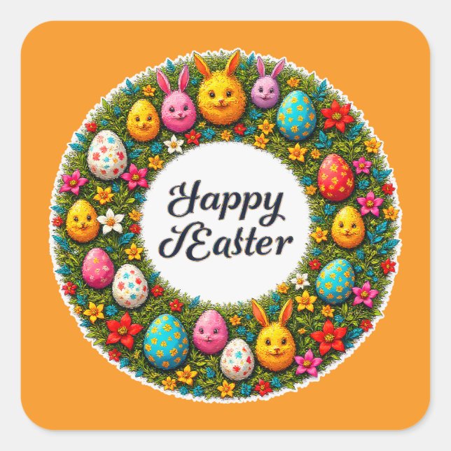 Happy Easter – Festive Egg Wreath Autocolante Square Sticker (Front)