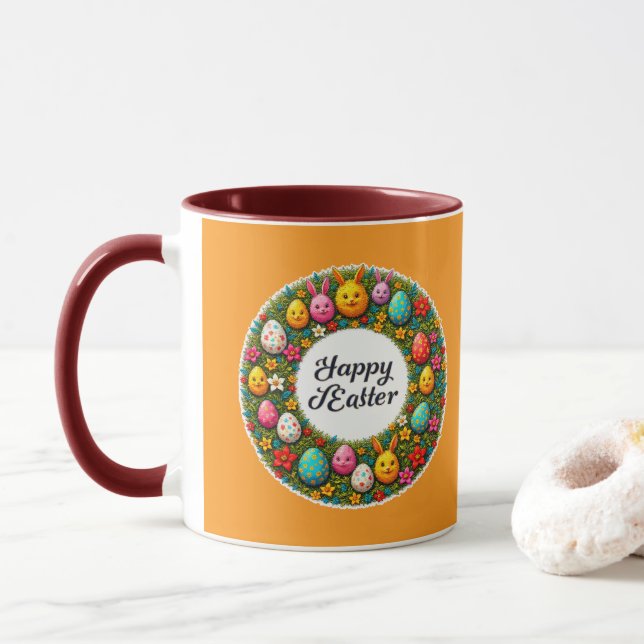 Happy Easter – Festive Egg Wreath caneca Mug (With Donut)