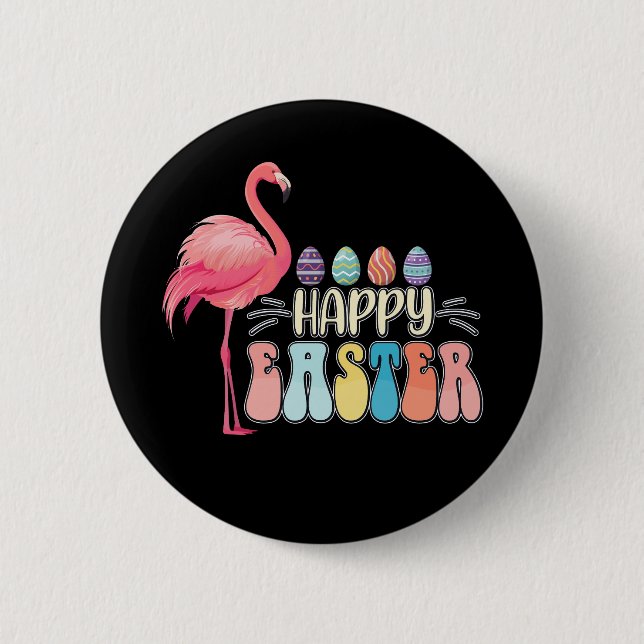 Happy Easter Flamingo Bunny Egg Basket Button (Front)