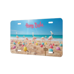 Happy Easter Flamingo Easter Egg Hunt on Beach License Plate