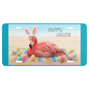 Happy Easter Flamingo with Bunny Ears on Beach  License Plate
