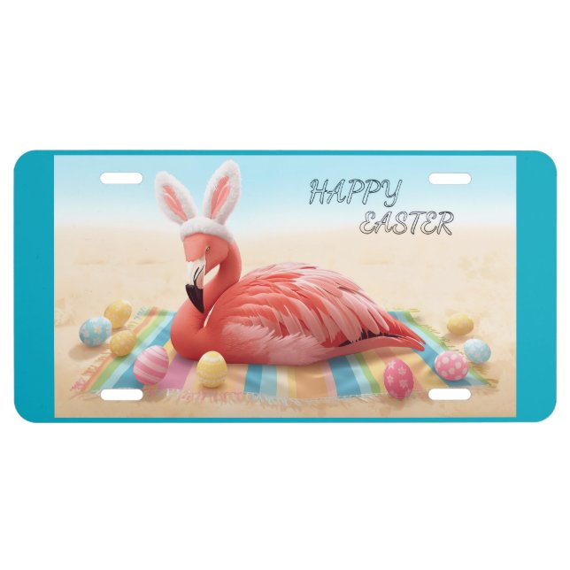 Happy Easter Flamingo with Bunny Ears on Beach  License Plate (Front)