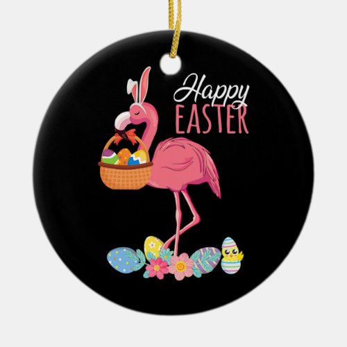 Happy Easter Flamingo With Easter Egg Basket Ceramic Ornament