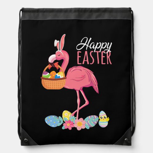 Happy Easter Flamingo With Easter Egg Basket Drawstring Bag