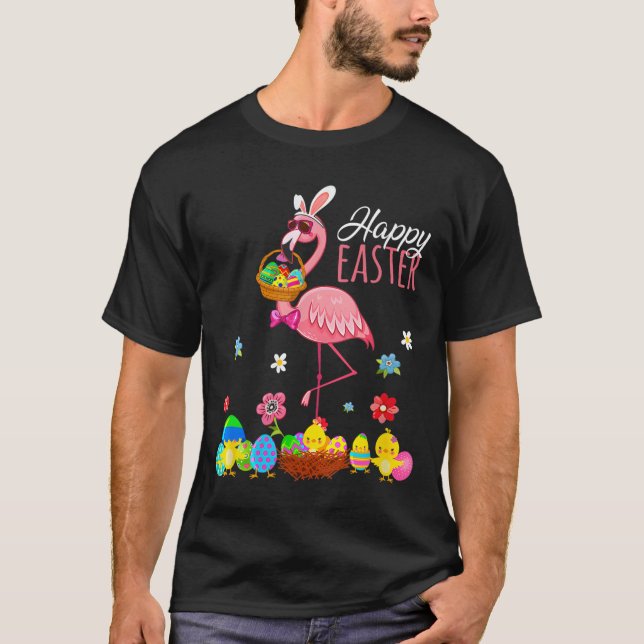 Happy Easter Flamingo With Easter Egg Bysket Hunti T-Shirt (Front)
