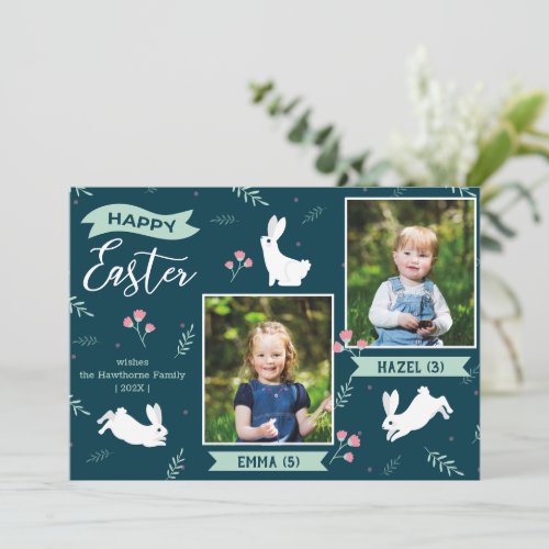 Happy Easter floral 2 Photo turquoise Bunny Holiday Card