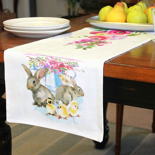 Happy Easter Floral and Bunnies Short Table Runner