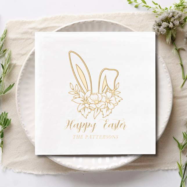 Happy Easter Floral Bunny Ears Personalized Name Foil Napkins (Creator Uploaded)