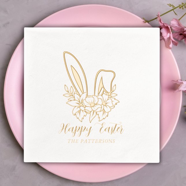 Happy Easter Floral Bunny Ears Personalized Name Foil Napkins (Creator Uploaded)