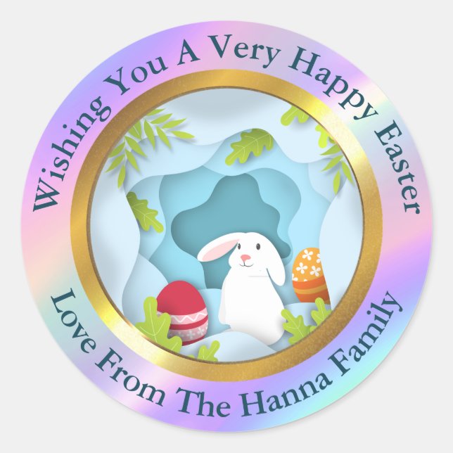 Happy Easter - Floral Bunny & Eggs Favor Classic Round Sticker (Front)