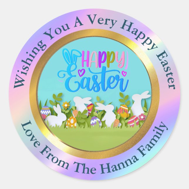 Happy Easter - Floral Bunny & Eggs Favor Classic Round Sticker (Front)