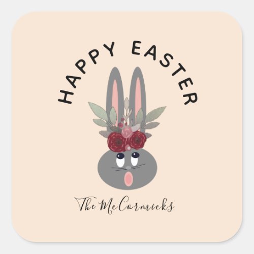 Happy Easter Floral Bunny Personalized Square Sticker