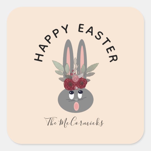 Happy Easter Floral Bunny Personalized Square Sticker (Front)