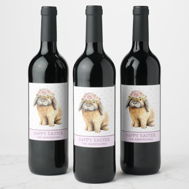 Happy Easter Floral Bunny Rabbit Personalized Name Wine Label (Bottles)