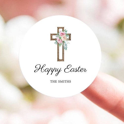 Happy Easter Floral Cross Classic Round Sticker