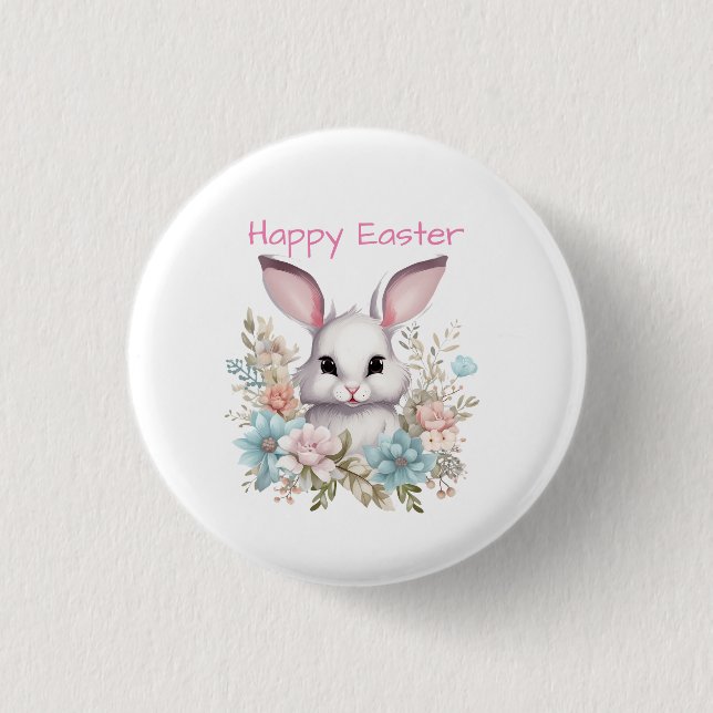 Happy Easter Floral Easter Bunny Rabbit Button (Front)