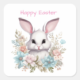 Happy Easter Floral Easter Bunny Rabbit Square Sticker