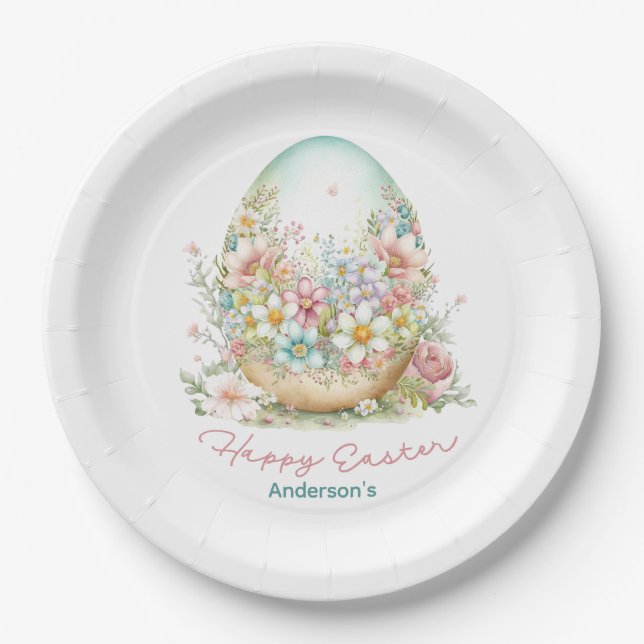Happy Easter Floral Easter Egg Personalized Name Paper Plates (Front)