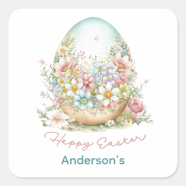 Happy Easter Floral Easter Egg Personalized Square Sticker (Front)