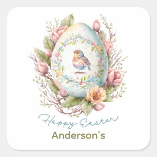 Happy Easter Floral Easter Egg Personalized Square Sticker