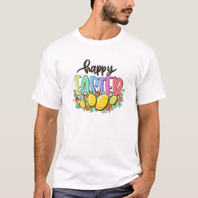 Happy Easter Floral Easter Eggs T-Shirt (Front)