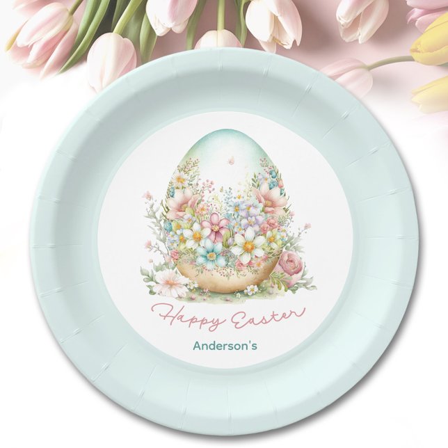 Happy Easter Floral Egg Blue Personalized Name Paper Plates (Happy Easter Floral Egg Blue Personalized Name Paper Plates)
