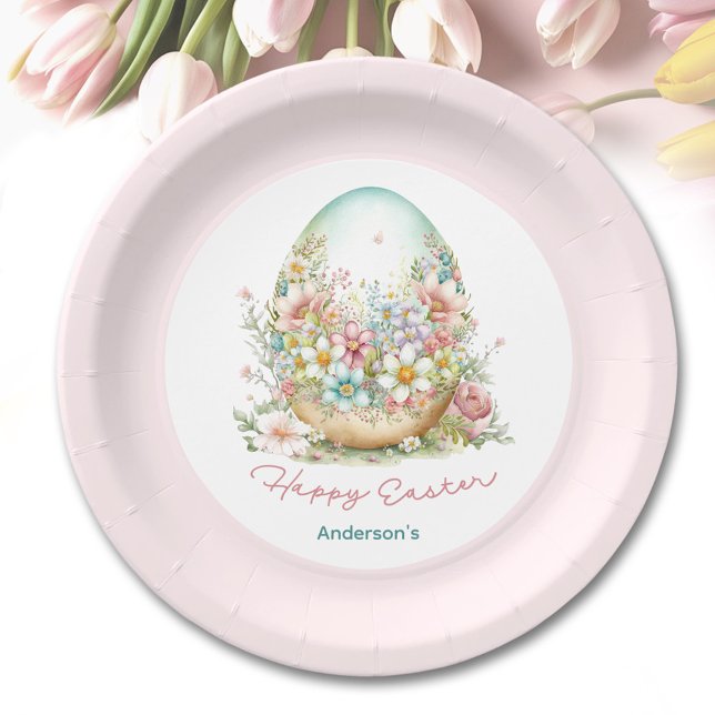Happy Easter Floral Egg Pink Personalized Name Paper Plates (Happy Easter Floral Egg Pink Personalized Name Paper Plates)