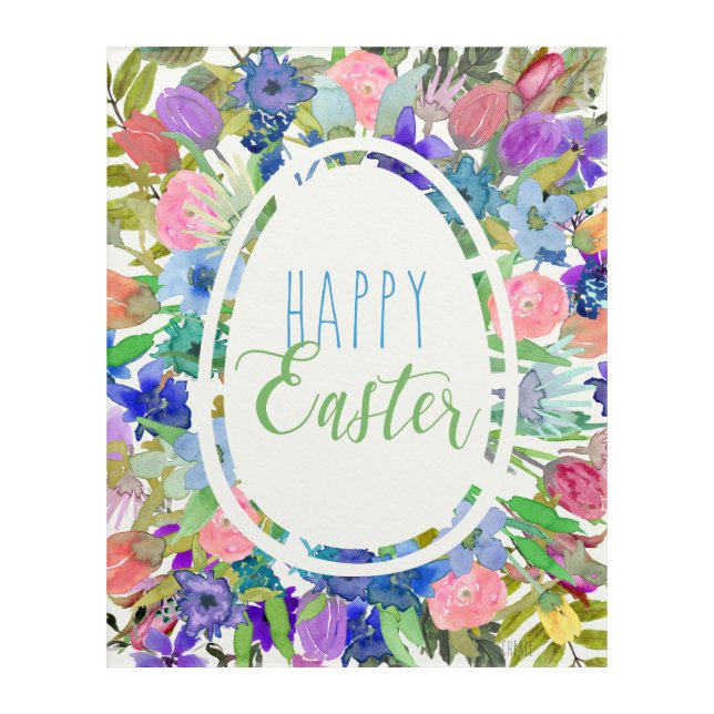 Happy Easter! | Floral Egg Shaped Wreath | Easter Acrylic Print (Front)