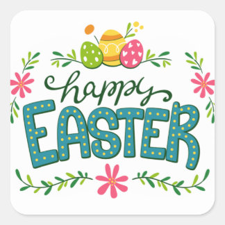 Happy Easter Floral Flowers Easter Eggs Square Sticker