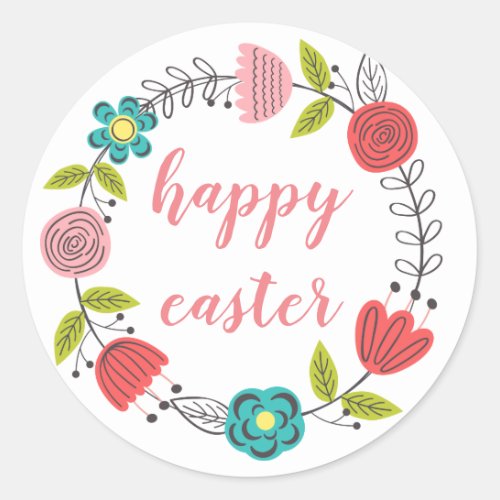 happy easter floral frame spring pastel classic round sticker