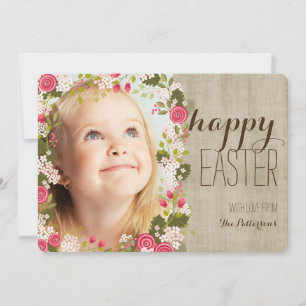 Happy Easter Floral Linen Photo Greeting Card