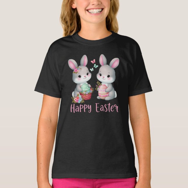 Happy Easter, Floral Rabbit  T-Shirt (Front)