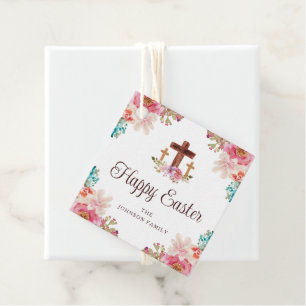 Happy Easter Floral Watercolor Religious Cross Favor Tags