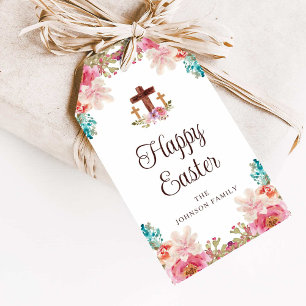 Happy Easter Floral Watercolor Religious Cross Gift Tags
