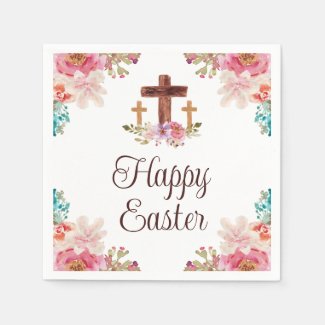 Happy Easter Floral Watercolor Religious Cross 