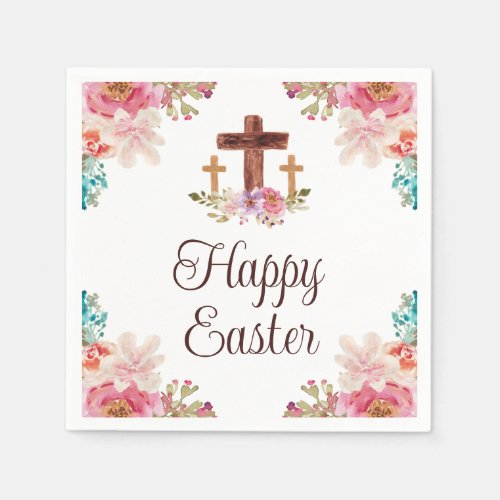 Happy Easter Floral Watercolor Religious Cross  Napkins