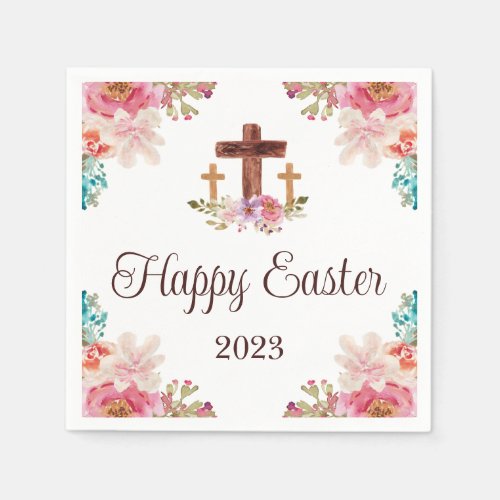 Happy Easter Floral Watercolor Religious Cross   Napkins