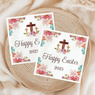 Happy Easter Floral Watercolor Religious Cross Napkins