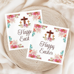 Happy Easter Floral Watercolor Religious Cross Napkins