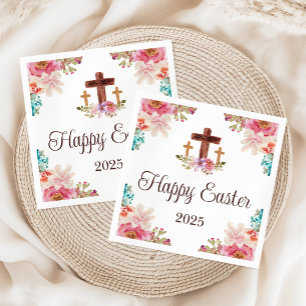Happy Easter Floral Watercolor Religious Cross Napkins